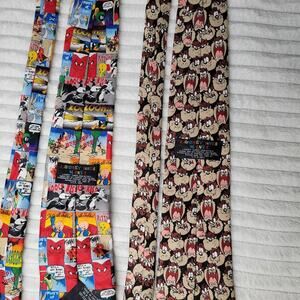 Lot of 2 Looney Tunes Mania Novelty Ties – Taz‎ & Porky Pig Cartoon Neckties
